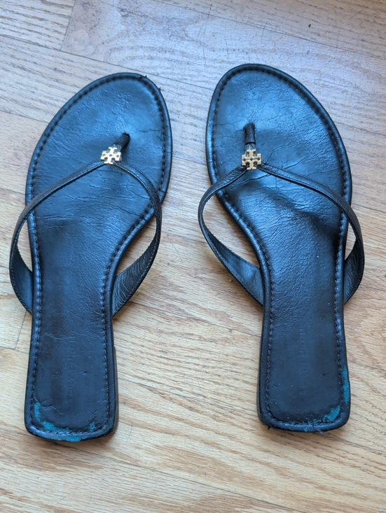 Tory Burch Shoes - Tory Burch Black Leather Logo Thong Sandals with Gold Emblem